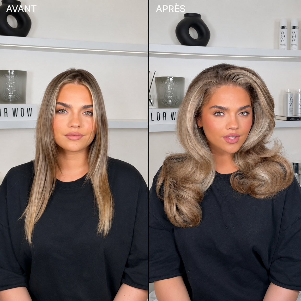 Before-and-after photo of flat versus voluminous hair. Xtra Large Bombshell Voumizer